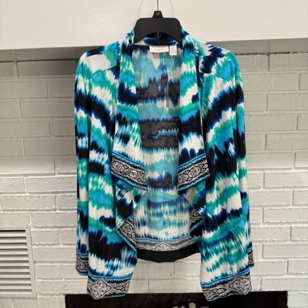 Chico’s Double Draped Jacket Brazilian Blue, Border Sz 3 (XL) Ret $129